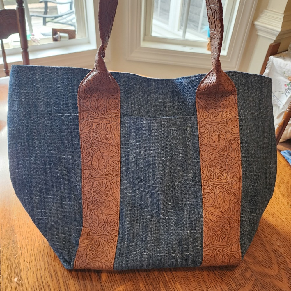 The Pioneer Woman Denim Faux Leather‎ Straps Weekender Travel Tote Bag Perfect